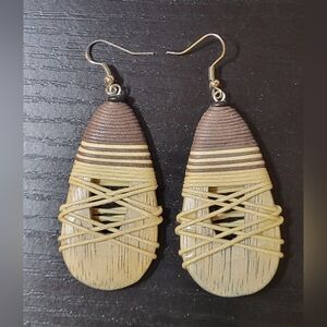 Tribal Tear Drop Dangle 3 inch Earrings Wood Wrap Brown Tan Women's Jewelry Boho